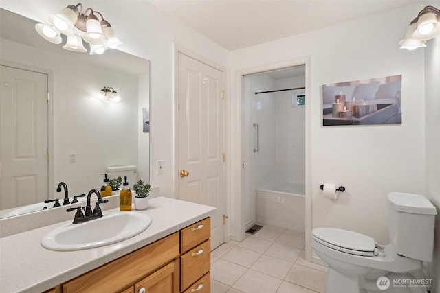 full bathroom featuring tile patterned flooring, shower / tub combination, toilet, and vanity