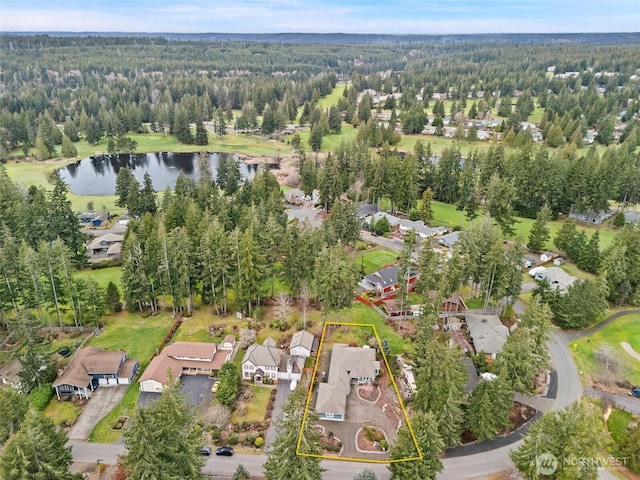 drone / aerial view with a forest view, a water view, and a residential view