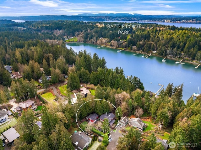 drone / aerial view featuring a water view