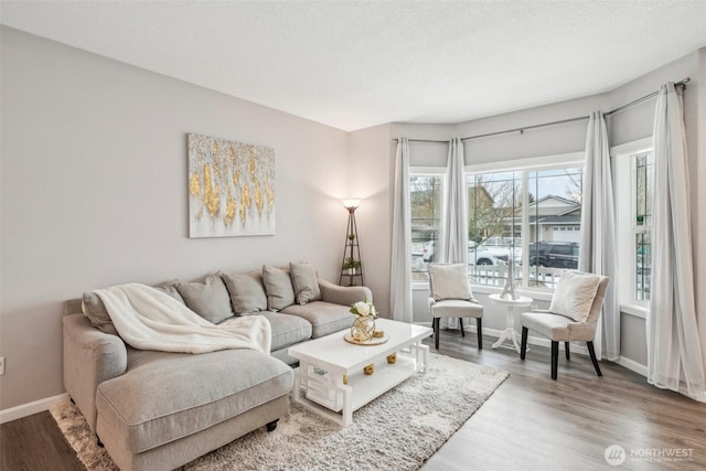 living room featuring a textured ceiling, baseboards, and wood finished floors