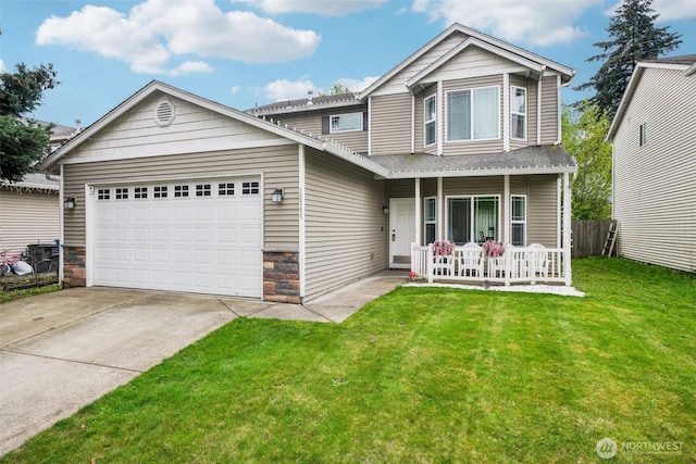 craftsman house featuring a porch, a front yard, stone siding, an attached garage, and concrete driveway