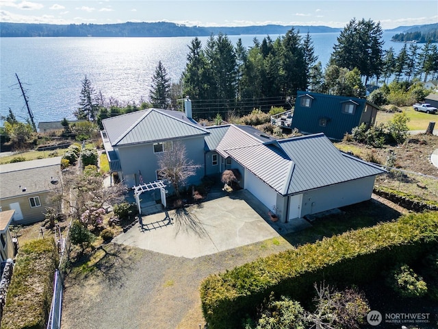 drone / aerial view featuring a water view