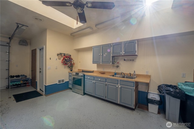 interior space with a sink, visible vents, and ceiling fan