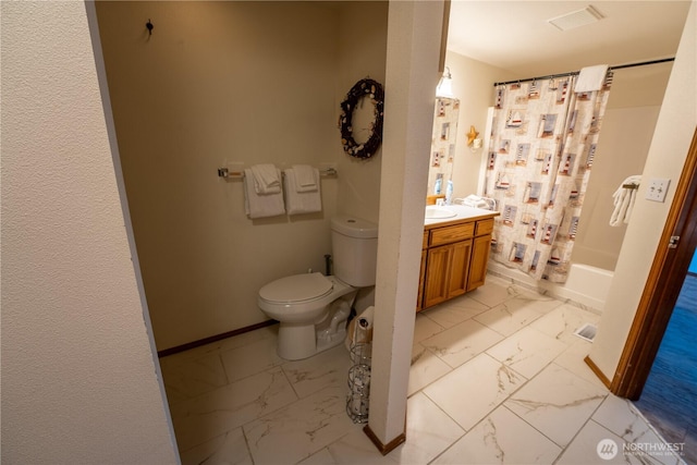 bathroom with visible vents, marble finish floor, toilet, and baseboards