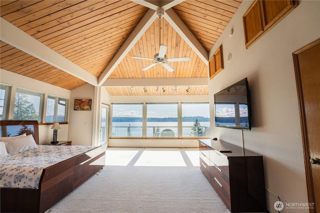 bedroom with beam ceiling, high vaulted ceiling, wood ceiling, and carpet floors