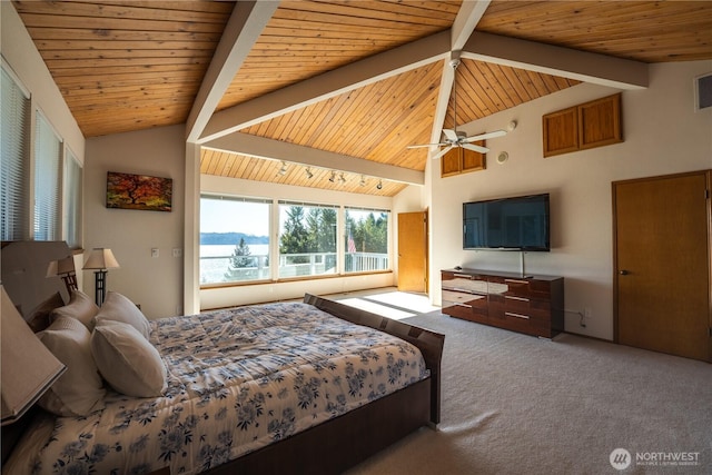 carpeted bedroom with beamed ceiling, wood ceiling, visible vents, and high vaulted ceiling