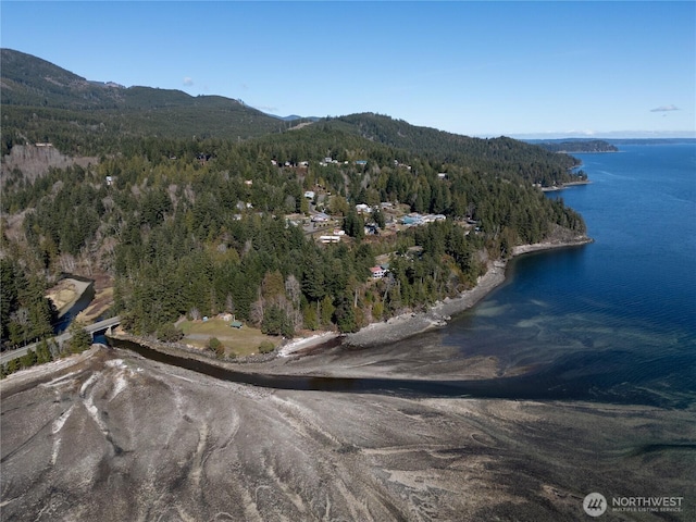 birds eye view of property with a view of trees and a water and mountain view