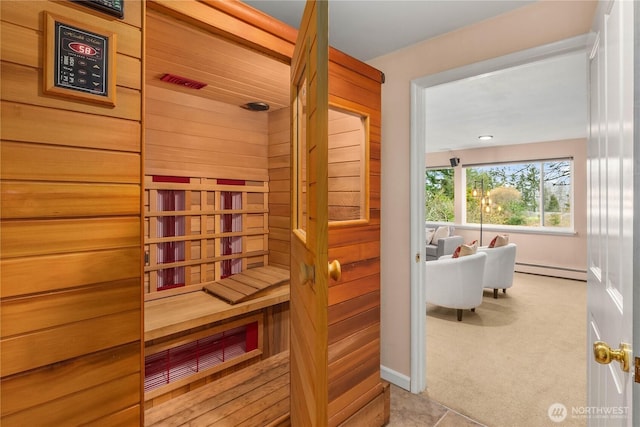 view of sauna featuring carpet