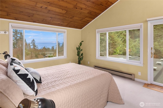 carpeted bedroom with a baseboard heating unit, vaulted ceiling, wood ceiling, and baseboards