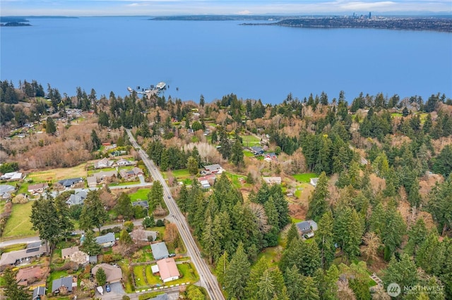 bird's eye view with a water view