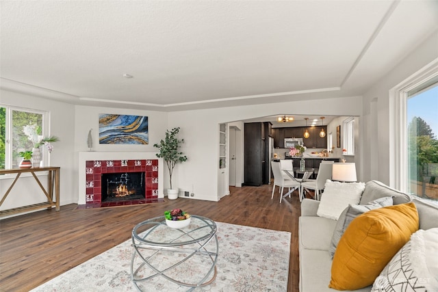 living room featuring dark hardwood / wood-style floors and a fireplace