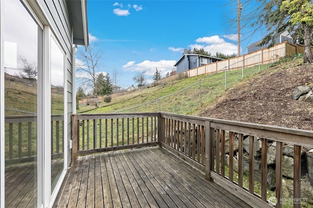 wooden terrace with a fenced backyard and a yard