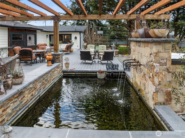 exterior space with outdoor lounge area, fence, and a pergola