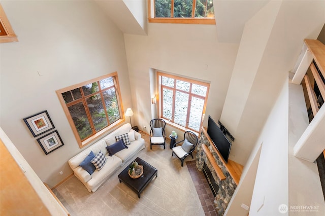 living room featuring a high ceiling