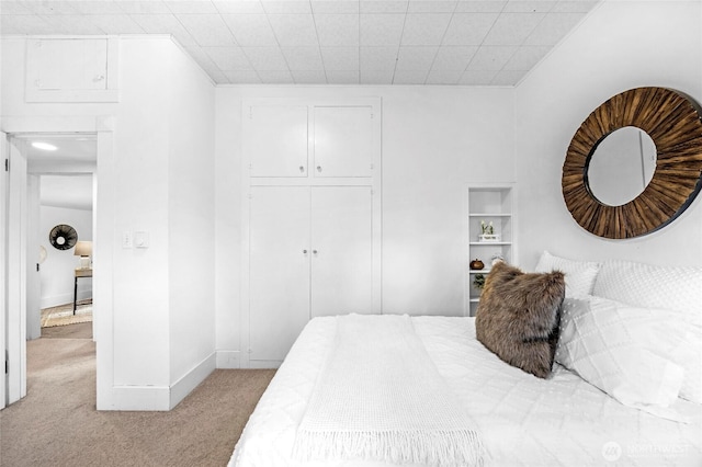 bedroom featuring light carpet and a closet