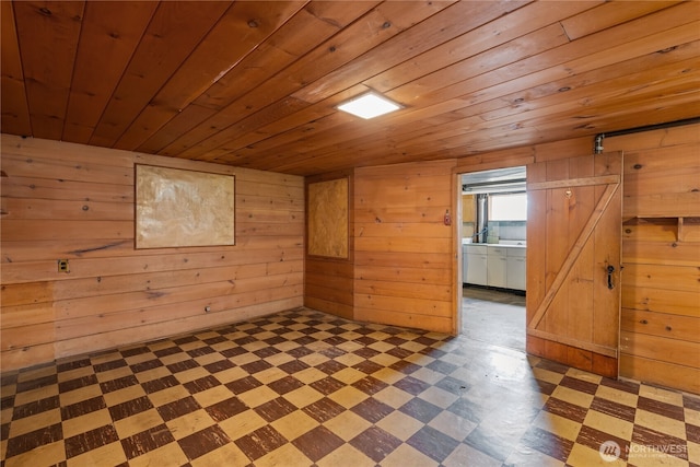 unfurnished room with dark floors, wood ceiling, and wooden walls