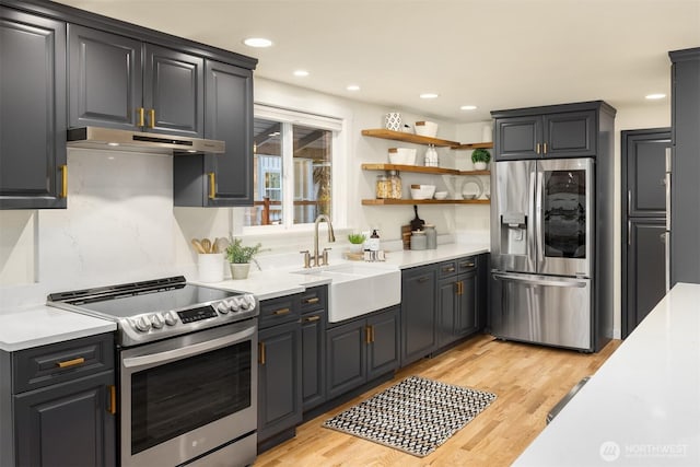 kitchen with light hardwood / wood-style flooring, sink, stainless steel appliances, and decorative backsplash