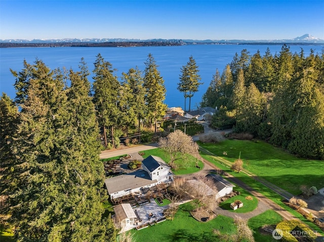 bird's eye view with a water view