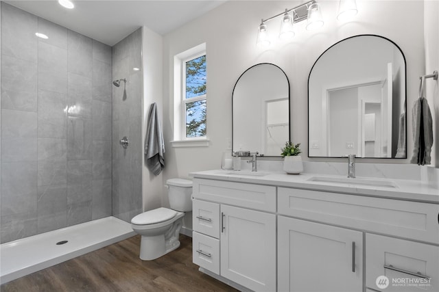 bathroom featuring double vanity, toilet, wood finished floors, and a sink