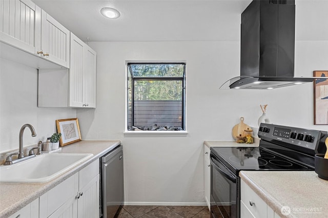 kitchen with sink, island exhaust hood, electric range, stainless steel dishwasher, and white cabinets