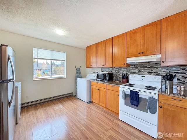 kitchen with light hardwood / wood-style flooring, a baseboard radiator, washer / clothes dryer, stainless steel refrigerator, and electric stove