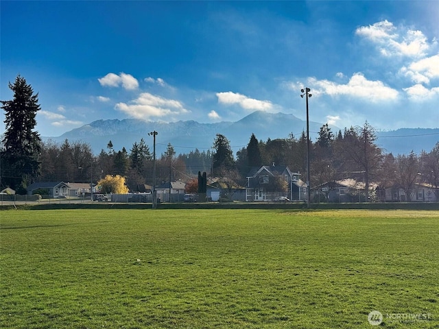 view of property's community with a mountain view and a lawn