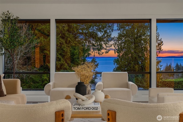 sunroom featuring a water view and a wealth of natural light