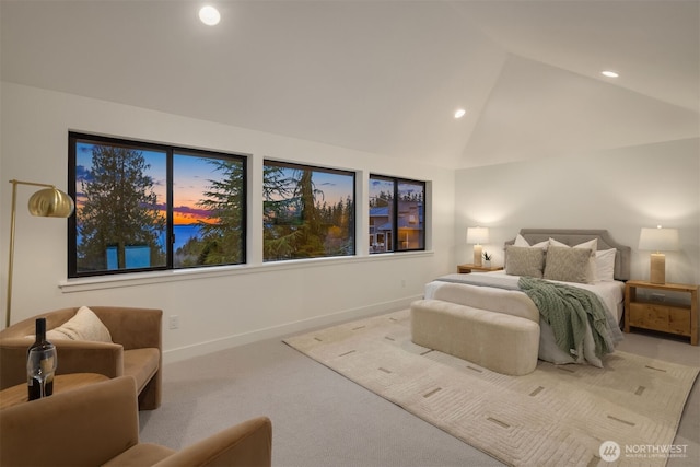 bedroom featuring light carpet, recessed lighting, baseboards, and lofted ceiling