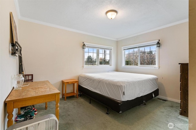 bedroom with multiple windows, carpet, and ornamental molding