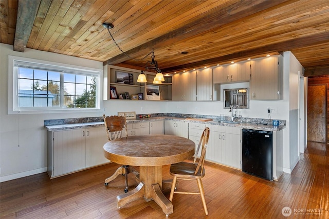 kitchen featuring wooden ceiling, hanging light fixtures, wood-type flooring, and dishwasher