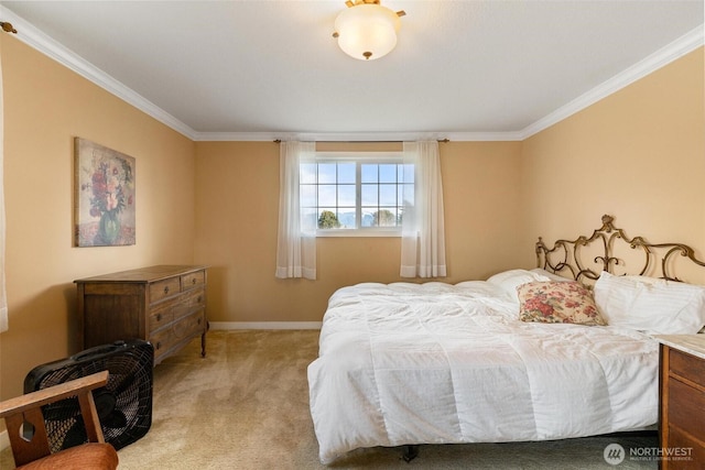 bedroom featuring light carpet and ornamental molding