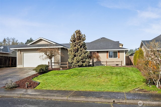 single story home featuring an attached garage, fence, driveway, crawl space, and a front yard