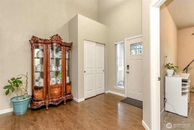 entryway featuring a high ceiling, baseboards, and wood finished floors