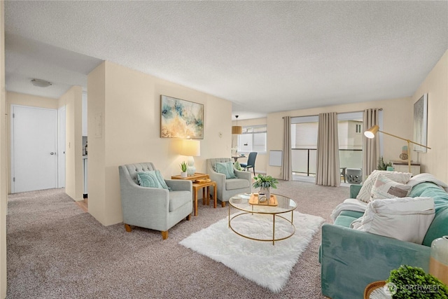 living room with a textured ceiling and carpet floors