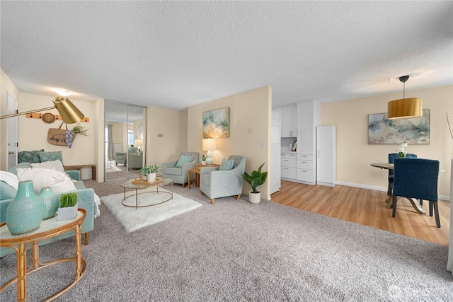 living area featuring light wood-type flooring, light carpet, and a textured ceiling