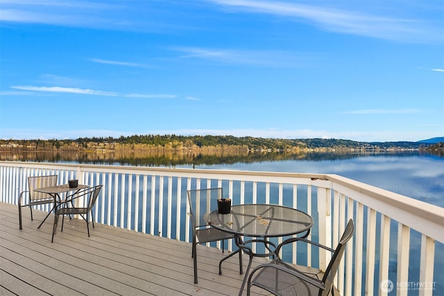 deck featuring a water view