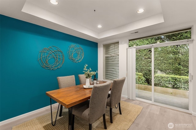 dining room featuring a tray ceiling and light wood-type flooring