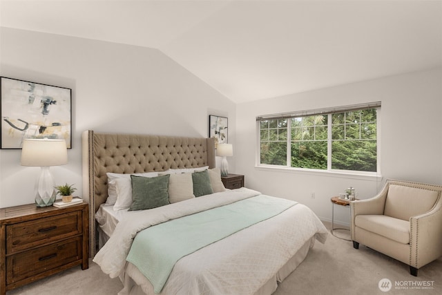 bedroom featuring light carpet and vaulted ceiling