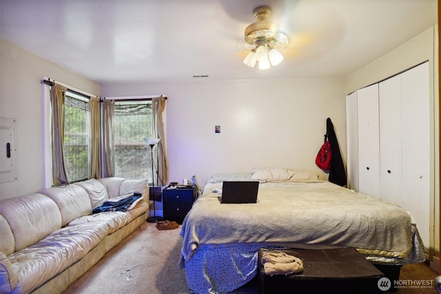 3416 Claremont Ave S, Seattle, WA 98144 - carpeted bedroom featuring visible vents, a closet, and ceiling fan