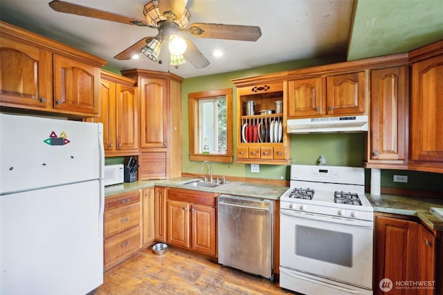 3416 Claremont Ave S, Seattle, WA 98144 - kitchen featuring a sink, ceiling fan, white appliances, under cabinet range hood, and recessed lighting