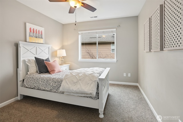 bedroom with a ceiling fan, carpet, visible vents, and baseboards