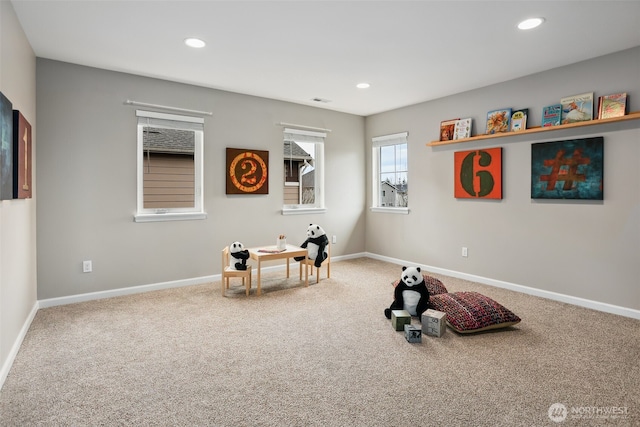 rec room featuring baseboards, carpet, and recessed lighting