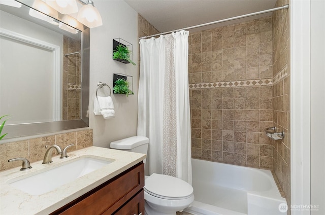 full bath with vanity, shower / bath combination with curtain, and toilet