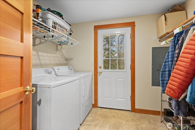 laundry room with laundry area, electric panel, baseboards, and separate washer and dryer