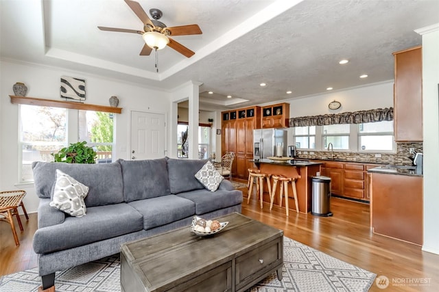 living room with a tray ceiling, a wealth of natural light, sink, and light hardwood / wood-style floors