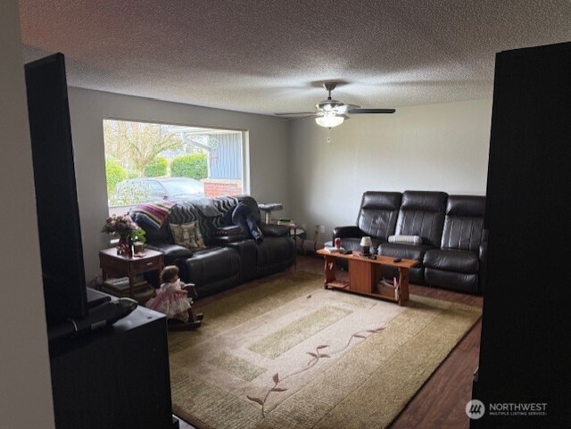 living room with ceiling fan, a textured ceiling, and hardwood / wood-style floors