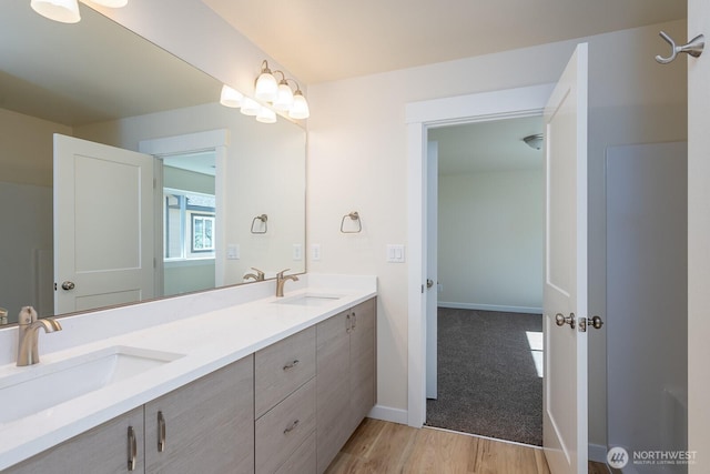 full bathroom featuring wood finished floors, a sink, baseboards, and double vanity