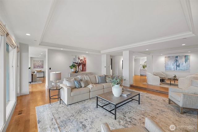 living room with crown molding, light hardwood / wood-style flooring, and a tray ceiling