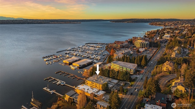 aerial view at dusk featuring a water view