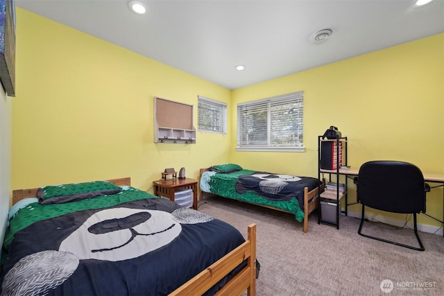 bedroom with light carpet, baseboards, and recessed lighting